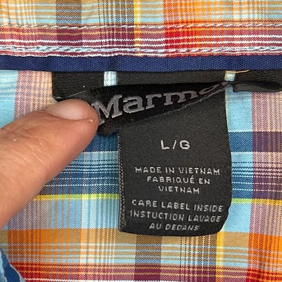 MARMOT Shirt Men's Button Down Plaid Short Sleeve L Blue Orange - Picture 10 of 11